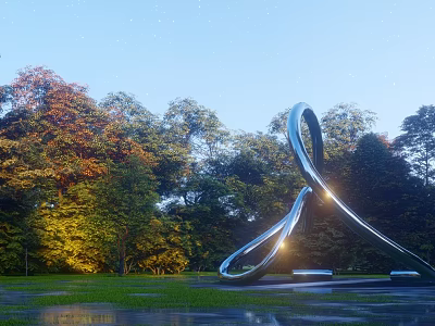 Curved Stainless Steel Sculpture in Outdoor Park with Green Trees and Shining Light 3d model