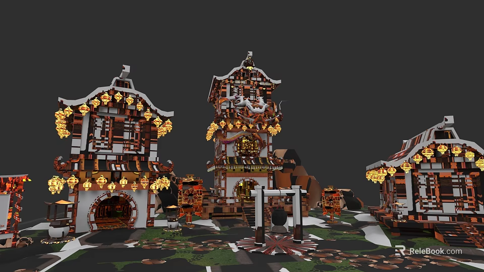 Traditional Chinese Garden Landscape With Pagoda Pavilion Hanging Lanterns And Stone Paths 3d model 