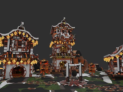 Traditional Chinese Garden Landscape With Pagoda Pavilion Hanging Lanterns And Stone Paths 3d model