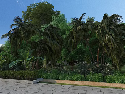 Lush Tropical Garden Landscape With Palm Trees Green Plants Shrubs And Stone Pavement 3d model