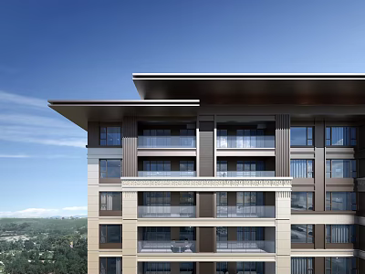 Modern Light-colored Residential Building With Overhanging Roof Spacious Balconies And Green Surroundings 3d model