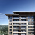 Modern Light-colored Residential Building With Overhanging Roof Spacious Balconies And Green Surroundings