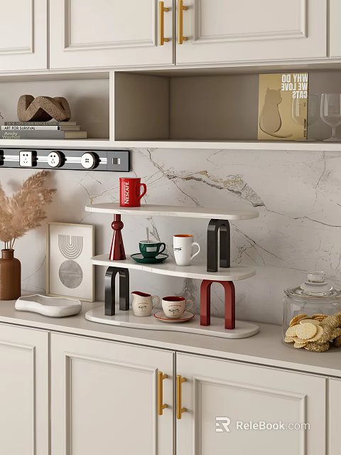 Stylish Multi Tiered Shelf Display With Colorful Mugs Decorative Items And Marble Wall Backdrop 3d model 