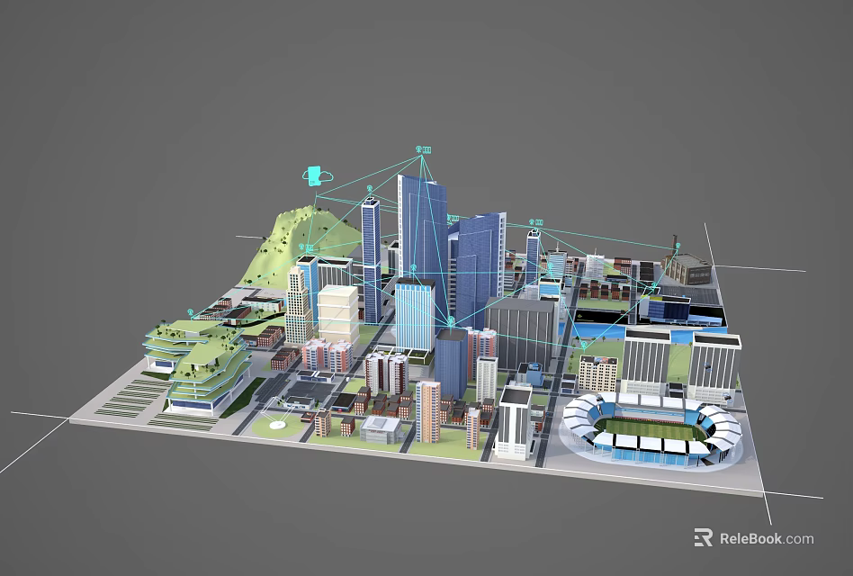 3D Smart City Model With Modern Buildings Green Spaces And Connectivity Lines 3d model 
