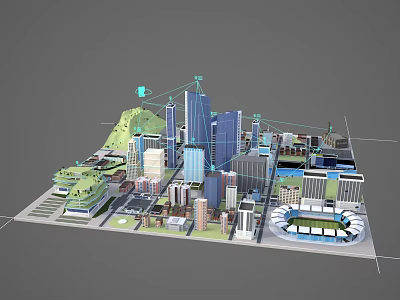 3D Smart City Model With Modern Buildings Green Spaces And Connectivity Lines 3d model