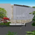 Modern Sales Office Building Exterior Design With Landscaping Water Pond Roadway Cars And Pedestrians
