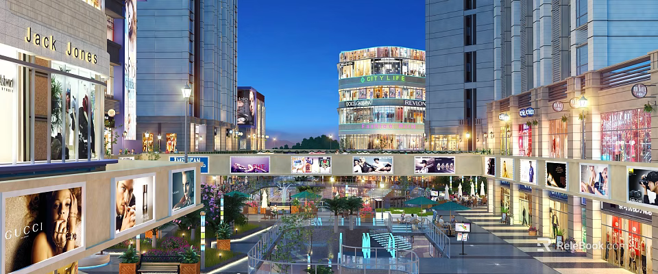 Vibrant Urban Commercial Landscape With Tall Buildings Circular Shopping Mall Illuminated Plaza And Evening Lights 3d model 