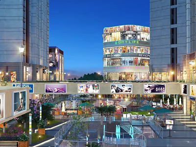 Vibrant Urban Commercial Landscape With Tall Buildings Circular Shopping Mall Illuminated Plaza And Evening Lights 3d model