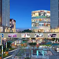 Vibrant Urban Commercial Landscape With Tall Buildings Circular Shopping Mall Illuminated Plaza And Evening Lights