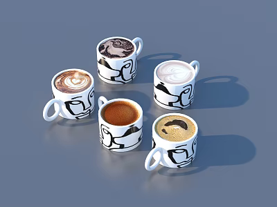 Five White Mugs With Black Face Designs Featuring Various Coffee Drinks 3d model
