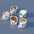 Five White Mugs With Black Face Designs Featuring Various Coffee Drinks 3d model