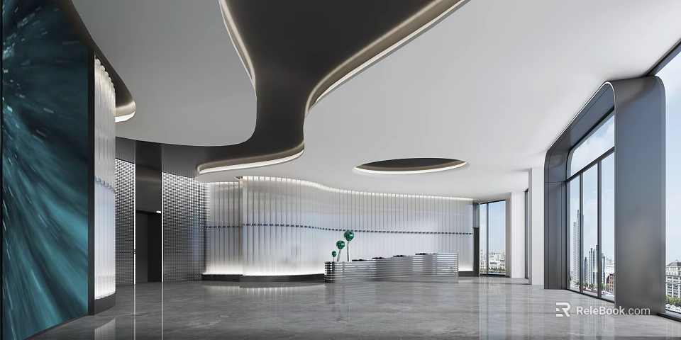 Modern Front Desk Reception Area Interior Design With Curved Lighting And Glass Backdrop 3d model 