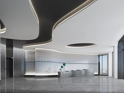 Modern Front Desk Reception Area Interior Design With Curved Lighting And Glass Backdrop 3d model