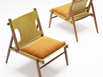 Minimalist Leisure Chair With Brown Wooden Frame And Comfortable Orange Velvet Cushion 3d model
