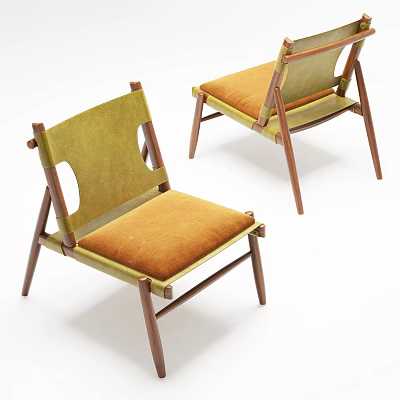 Minimalist Leisure Chair With Brown Wooden Frame And Comfortable Orange Velvet Cushion 3d model