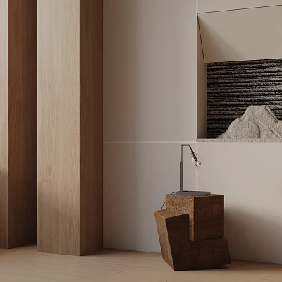 Modern Wooden Side Table With Table Lamp In Minimalist Indoor Setting 3d model