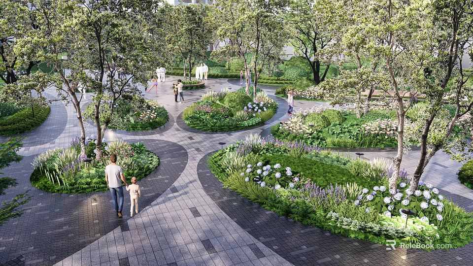 Well Designed Garden Plant Combinations With Colorful Flowers Green Shrubs Tall Trees And Winding Paths 3d model 