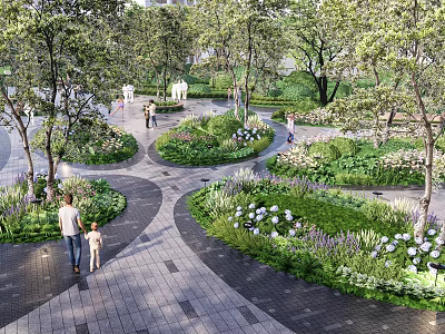 Well Designed Garden Plant Combinations With Colorful Flowers Green Shrubs Tall Trees And Winding Paths 3d model