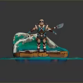 Mythical Warrior Figure With Double Blades Standing On Rocky Base Surrounded By Turquoise Waves