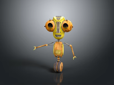 Yellow Robot Game Movie Character With Large Round Eyes And Single Wheel Base 3d model