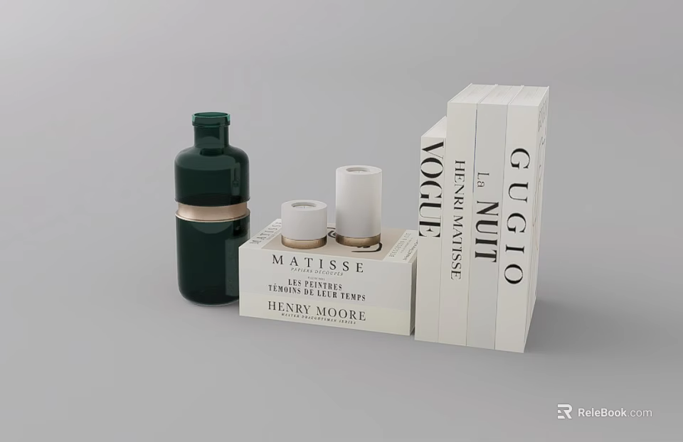 Artistic Decorative Ornament Set Featuring Green Bottle White Cylinders And Art Books 3d model 