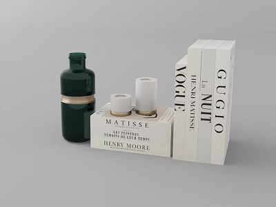 Artistic Decorative Ornament Set Featuring Green Bottle White Cylinders And Art Books 3d model