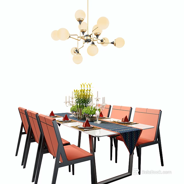 Modern Dining Table Set With Orange Chairs White Tabletop Chandelier And Table Decor 3d model
