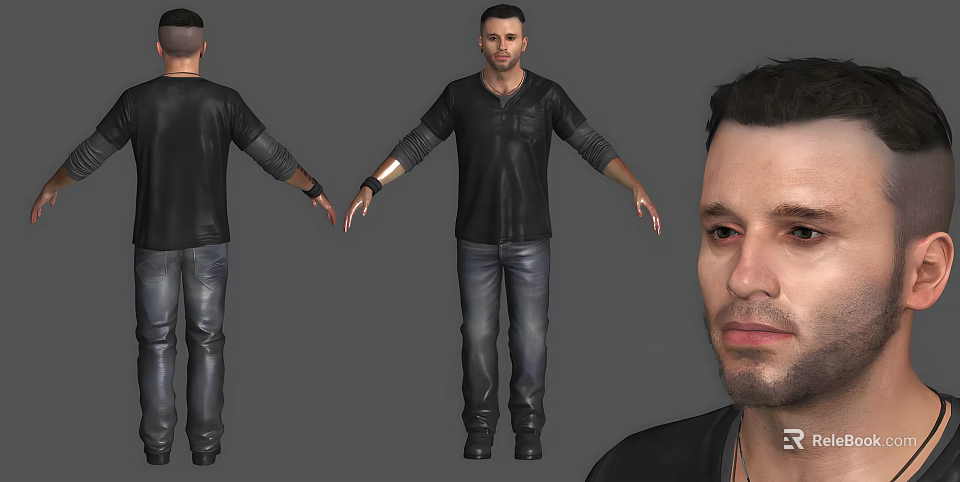 Man In Black Leather Shirt And Jeans With Front Back And Facial Views 3d model 
