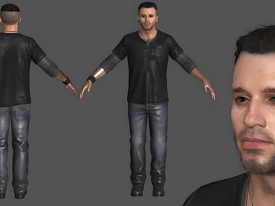 Man In Black Leather Shirt And Jeans With Front Back And Facial Views 3d model