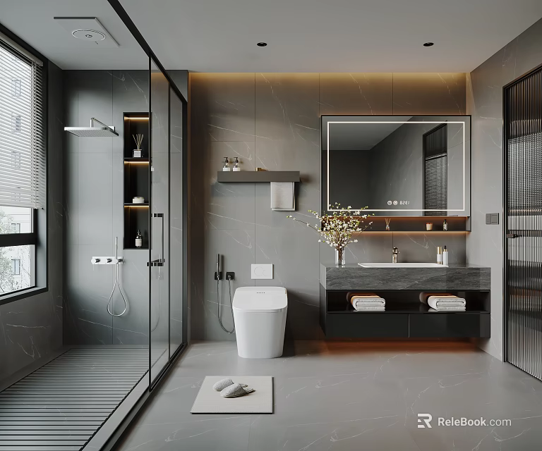Sleek Modern Grey Marble Bathroom With Smart Toilet Backlit Mirror And Frameless Glass Shower Enclosure 3d model 