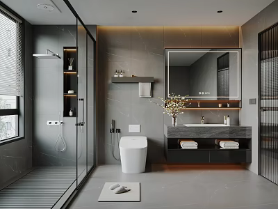 Sleek Modern Grey Marble Bathroom With Smart Toilet Backlit Mirror And Frameless Glass Shower Enclosure 3d model