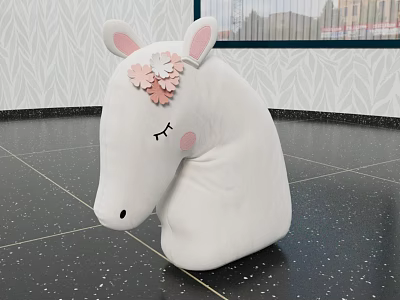 White Unicorn Head Plush Toy with Pink Ears Pink Flower Decoration Closed Eyes and Eyelashes 3d model