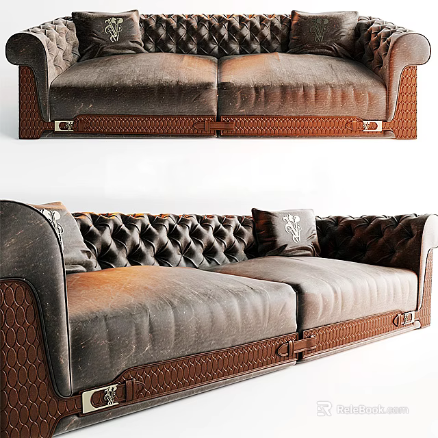 Classic Two-Seater Sofa With Tufted Upholstery Brown Leather And Decorative Stitching 3d model 