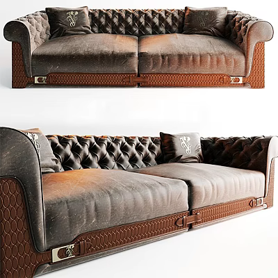 Classic Two-Seater Sofa With Tufted Upholstery Brown Leather And Decorative Stitching 3d model