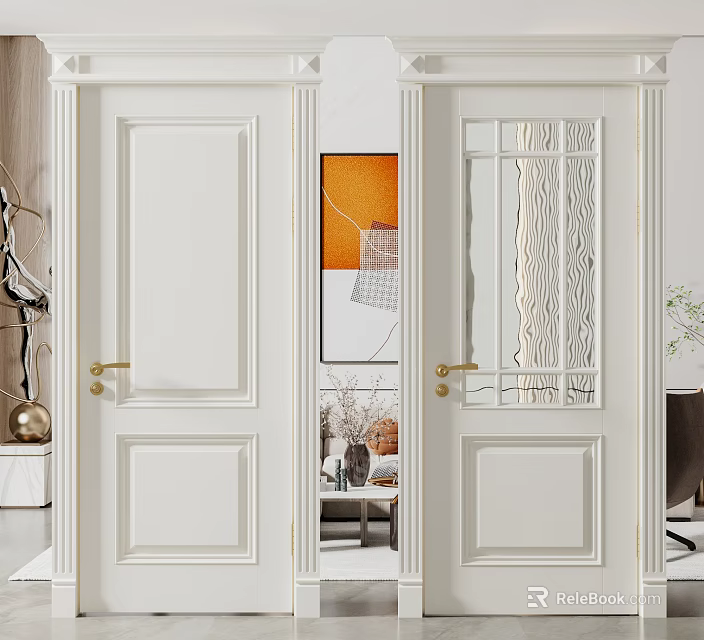 Modern White Hinged Doors With Glass Panel And Wooden Texture Interior 3d model 