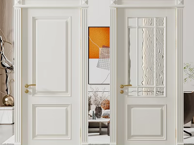 Modern White Hinged Doors With Glass Panel And Wooden Texture Interior 3d model