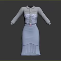 Light Blue Dress with Collared Neckline Floral Pattern Pink Belt Split Hem Pleated Design