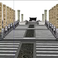 Park Landscape with Stone Steps Pillars Steles with Characters Trees Mist and People Walking
