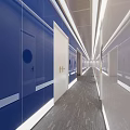 Modern Elevator Hallway With White Doors Round Windows Blue Yellow Lighting And Gray Carpet