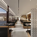 Modern Restaurant Interior Design With Glass Partition Comfortable Seats And Wooden Counter Lighting