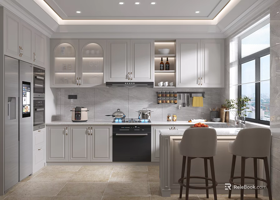 Modern White Kitchen Interior With Cabinets Island Counter Bar Stools And Large Window 3d model 