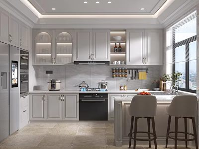 Modern White Kitchen Interior With Cabinets Island Counter Bar Stools And Large Window 3d model