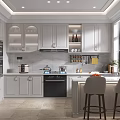 Modern White Kitchen Interior With Cabinets Island Counter Bar Stools And Large Window