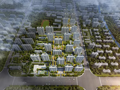 Aerial View Of Modern Urban Residential Community With High Rise Buildings And Green Spaces 3d model