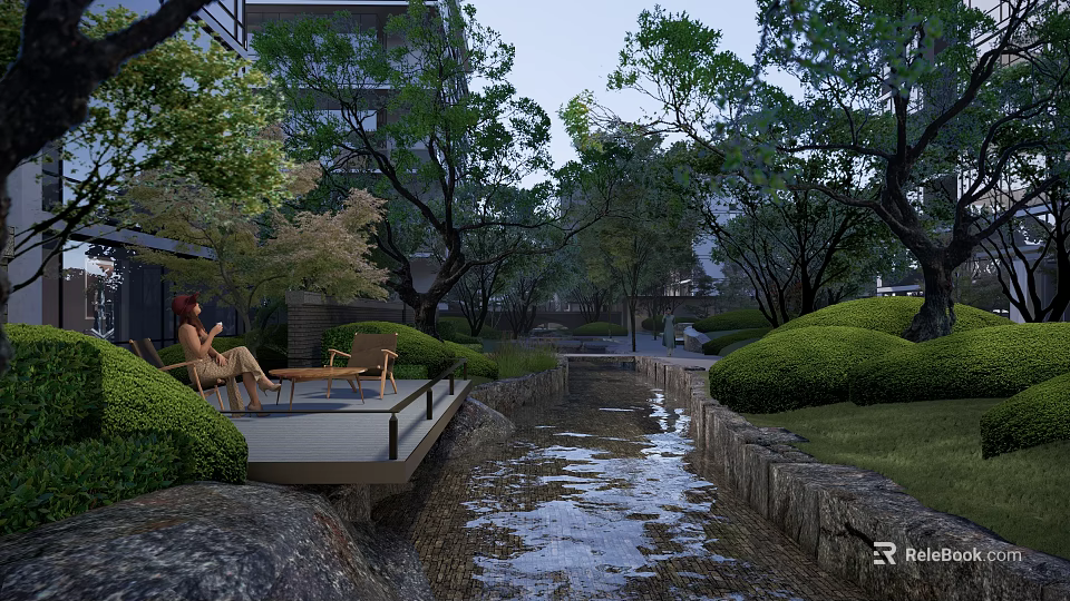 Tranquil Garden Landscape With Lush Trees Stream Hedges And Seating Platform 3d model