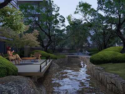Tranquil Garden Landscape With Lush Trees Stream Hedges And Seating Platform 3d model