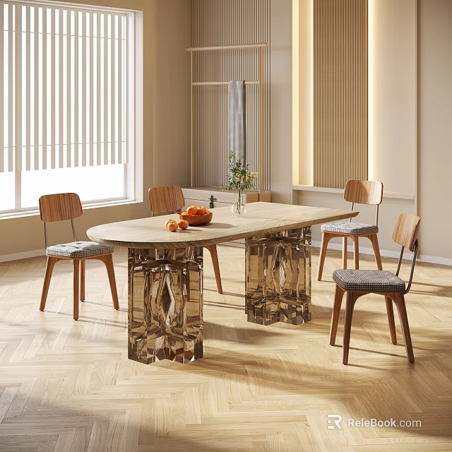 Modern Dining Table Set with Wooden Chairs Transparent Crystal Legs Fruit Vase and Wooden Floor 3d model 