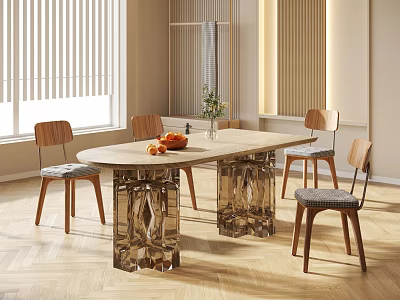 Modern Dining Table Set with Wooden Chairs Transparent Crystal Legs Fruit Vase and Wooden Floor 3d model