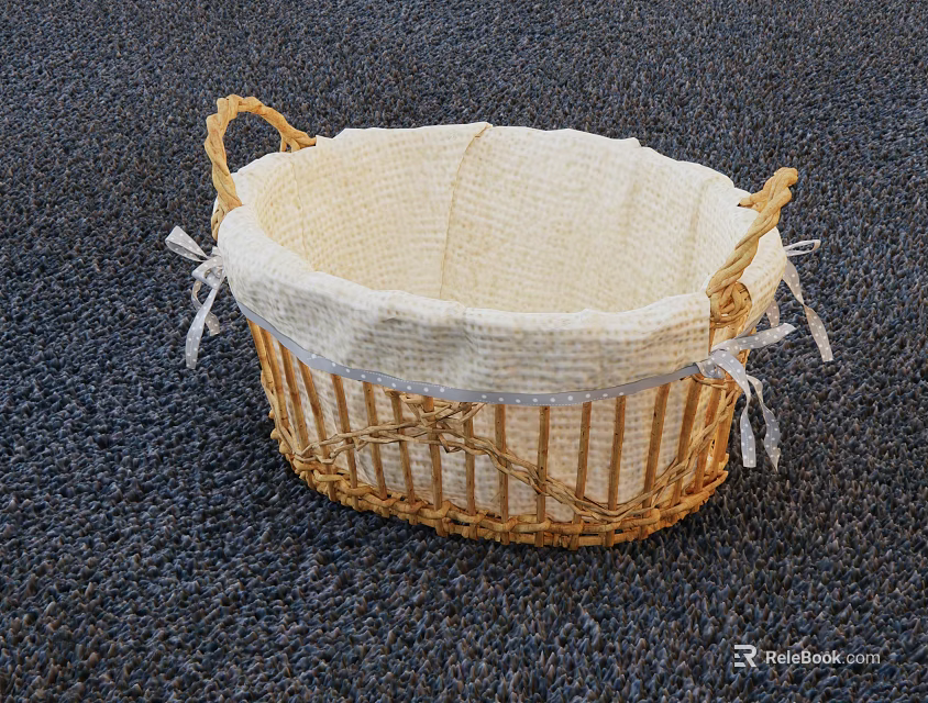 Wicker Storage Basket With Light Fabric Lining And White Lace Trim On Dark Carpet 3d model 