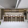Modern Minimalist Cafe Interior With Slatted Ceiling Green Chairs Wooden Tables And Decorative Wall Art